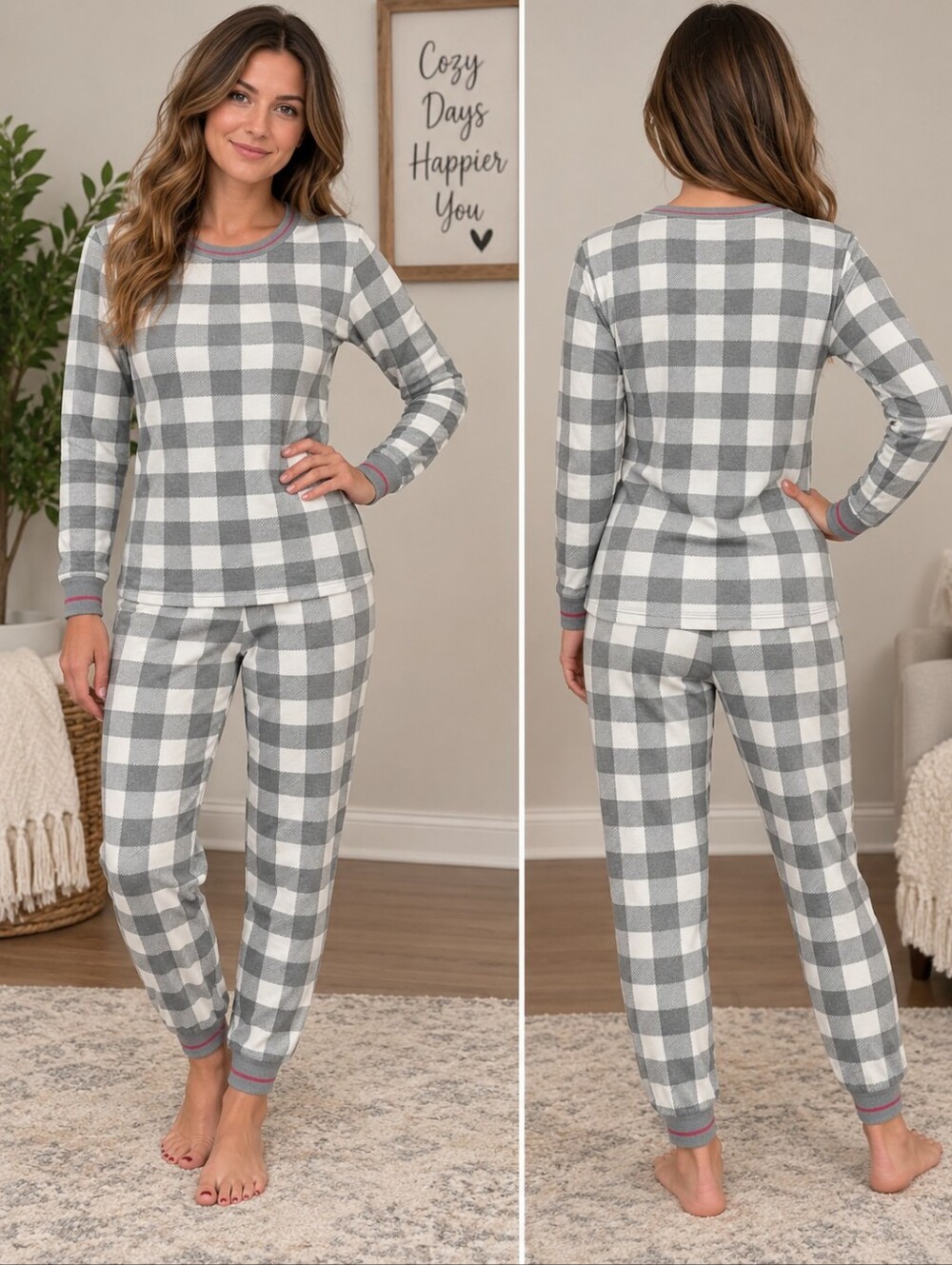 Women’s Size S Gray & White Buffalo Check Pajama Set Cozy Lounge & Sleepwear